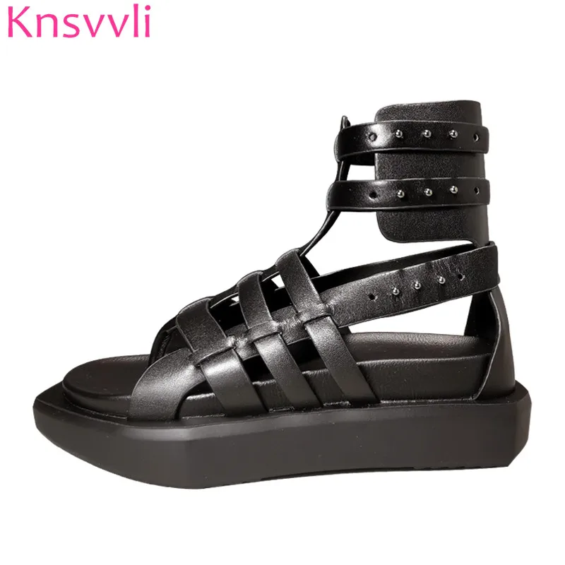 

Black Platform Sandals Women Genuine Leather Retro Roman Summer Boots Woman Cut Outs Split Toe Thick Sole Sandalias Mujer