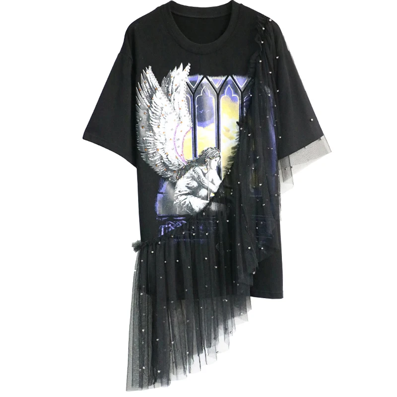 

2019 Summer New Angel Wings Print Rhinestone Decorative mesh stitching short-sleeved T-shirt Women long casual Tees Top LU887