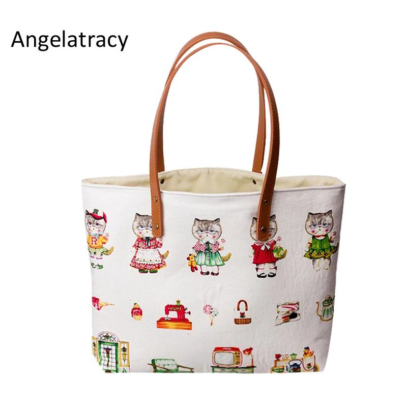

Angelatracy Women Cat Bag Handmade Big Bag Carton Printing Tote Casual Shopping Handbag Cute Cat Big Tote Pastoral bolsos mujer