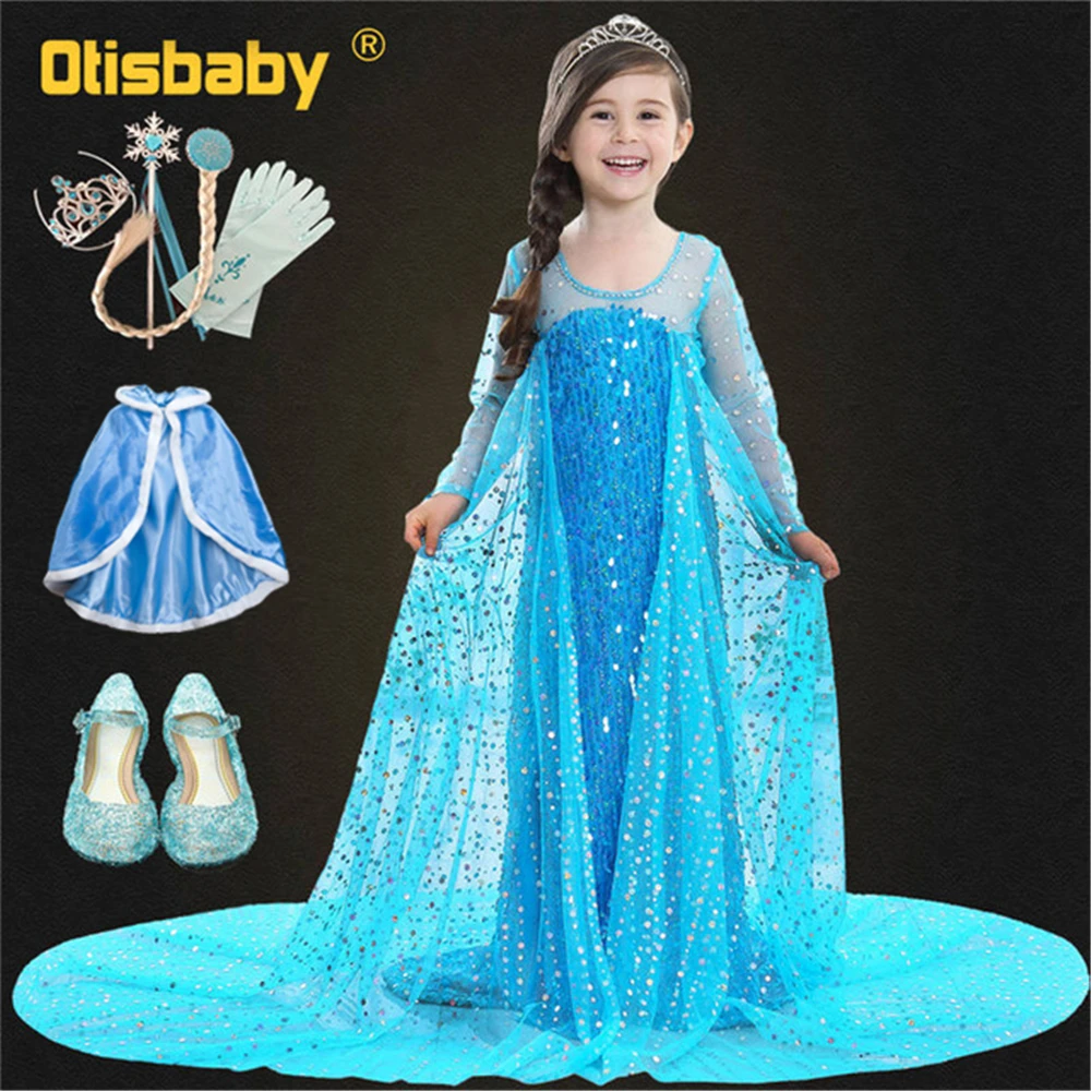 

Elsa Costume Kids Aurora Dresses for Girls Tulle Sequined Elza Dress Girl Red Long-sleeve Dress Children Snow Queen Train Dress
