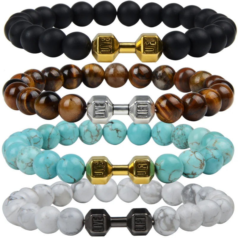 

LFPU Natural Stone Bracelets Buddha Elastic Strand Lava Tiger Eye Bracelet Barbell Dumbbell Bracelets Men Women Jewelry