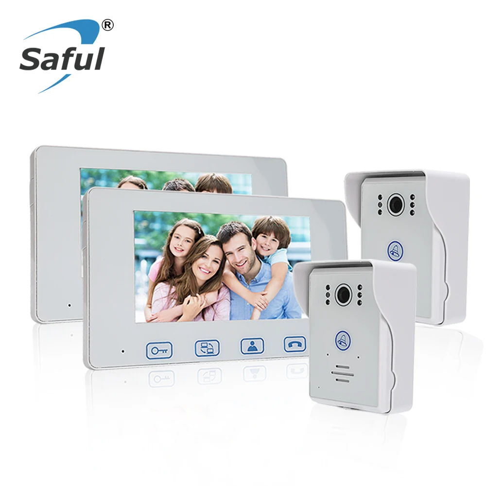 

White 7" Color Screen Wired Video Door Phone Intercom System unlock function Night vision 2 Waterproof Door Camera + 2 Monitor