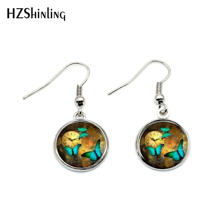 

NHE-0027 Steampunk Clock Earring Colorful Pastel Butterfly Jewelry Round Glass Cabochon Earrings Gifts Women
