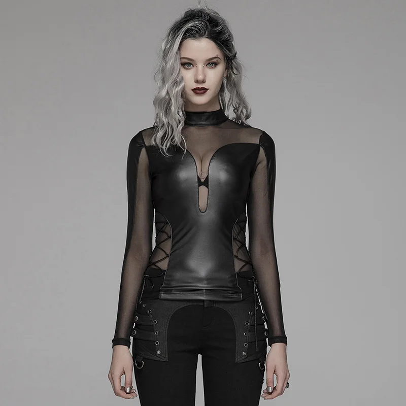 

PUNK RAVE Women Punk Sexy Perspective Long Sleeve T-shirt Sexy Club Party Leather Gothic Shirts