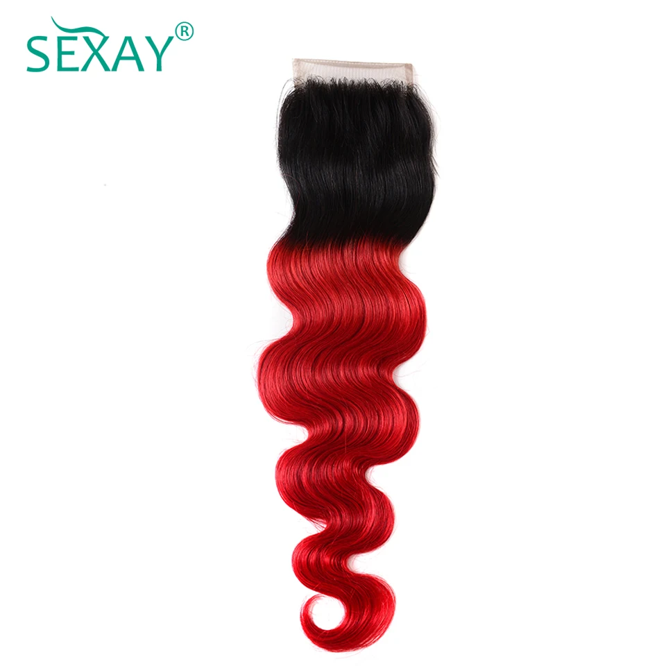  Ombre Bundles With Closure Brazilian Body Wave 3 Bundles Pack With Closure Sexay Pre-Colored 1B/Red