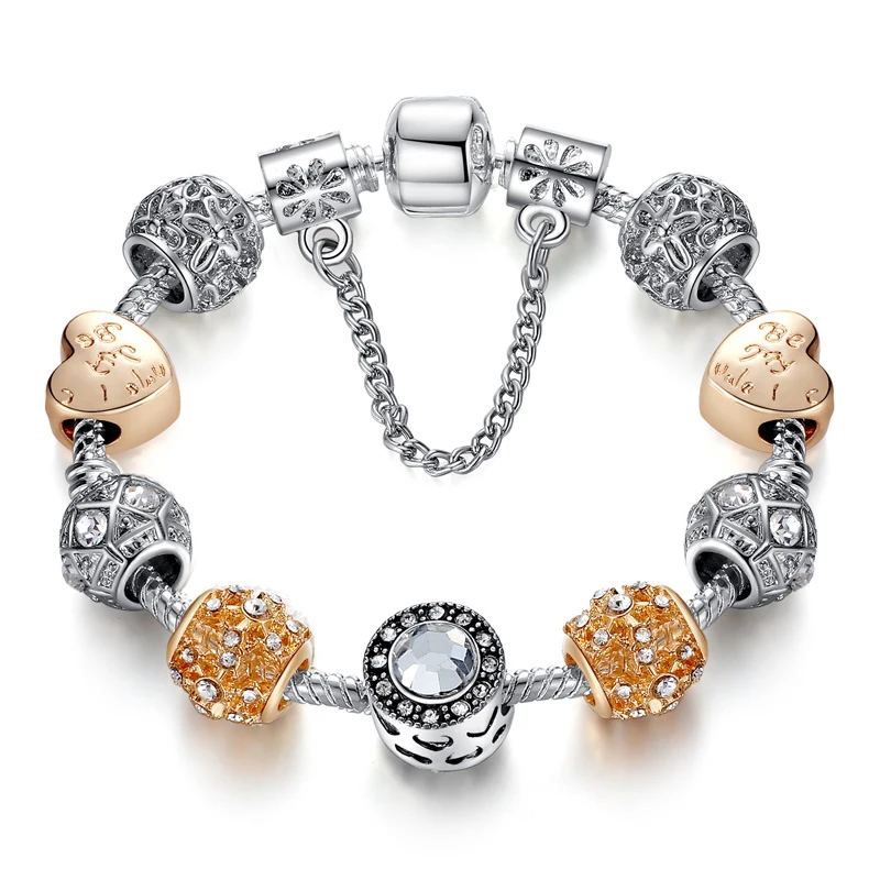 ELESHE European Style Crystal Charms Bracelet For Women With Silver Safety Chain Bracelet Bangle Vintage Jewelry Wedding