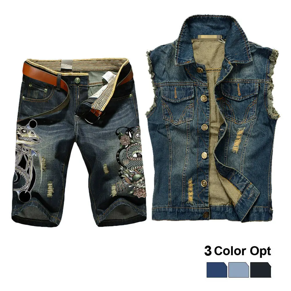 

Men Jean Vest Jacket Set Retro Ripped Destroyed Skinny Hole Top Denim Short Pants 1/2 Trousers Summer Beach Wear Blue Snake