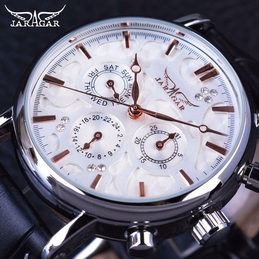 Jaragar 3 Dial Diamond Display Genuine Leather Strap Ripple Design Men Watches Top Brand Luxury Mechanical Automatic Watch Clock