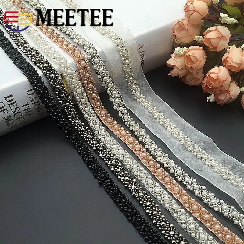 

Meetee 2meter Handmade Beaded Lace Trim Ribbon DIY Clothes Decor Accessories Home Textile Hand Sewing Collar Material Pearl Lace
