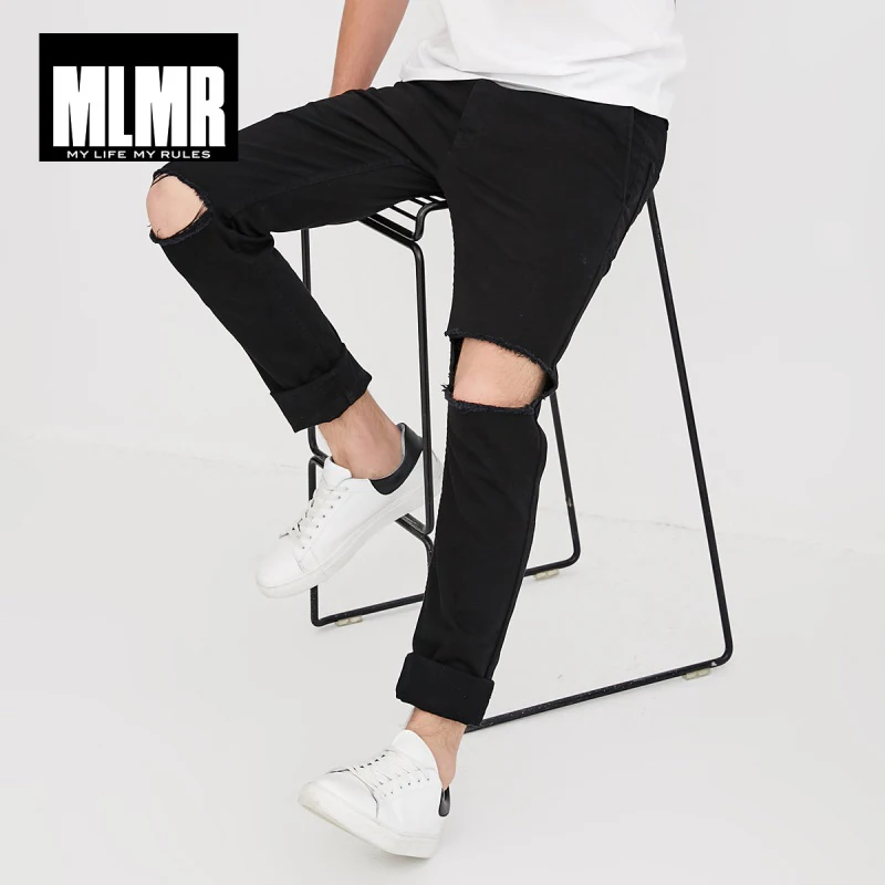 MLMR мужские эластичные хлопковые черные рваные повседневные брюки M | 218114564|Узкие