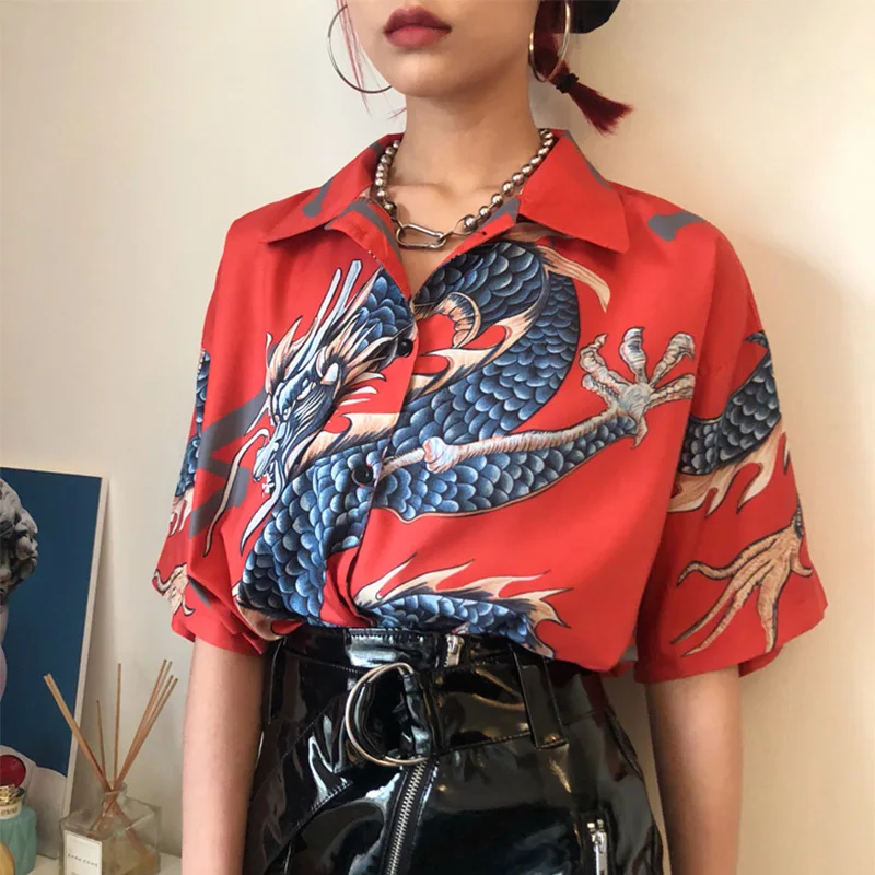 Для женщин Harajuku короткий рукав блузка рубашка с принтом в виде дракона Блузы BF и топы Для женщин для любителей лета Винтаж японские рубашки красного цвета