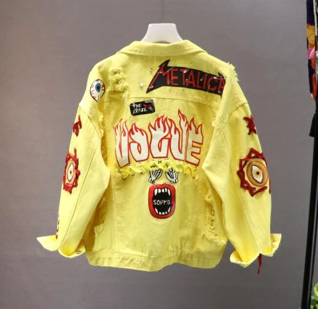 Greatest  Red / Yellow Jeans Jacket New Spring Autumn Women's Graffiti Alphabet Printing Lace Bow Pin Hole De
