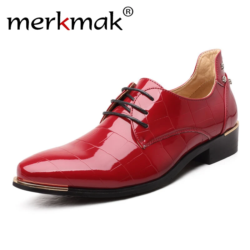 Merkmak/мужские туфли-оксфорды; Новинка года; модные деловые мужские туфли из искусственной кожи на шнуровке; Мужские модельные туфли высокого качества; мужская обувь на плоской подошве - Цвет: Red Oxfrod Shoes