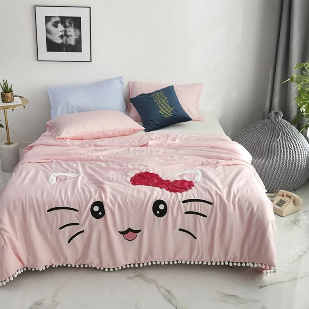 

2019 Cartoon Pink Cat Thin Summer Quilt Air-condition Embroidery Comforter Washed Cotton Fabric Polyester Queen Size