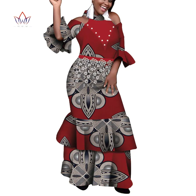 Африканские платья для женщин Базен riche стиль femme африканская одежда Леди Печатный воск плюс размер вечерние Длинные свадебные платья wy4792 - Цвет: 2