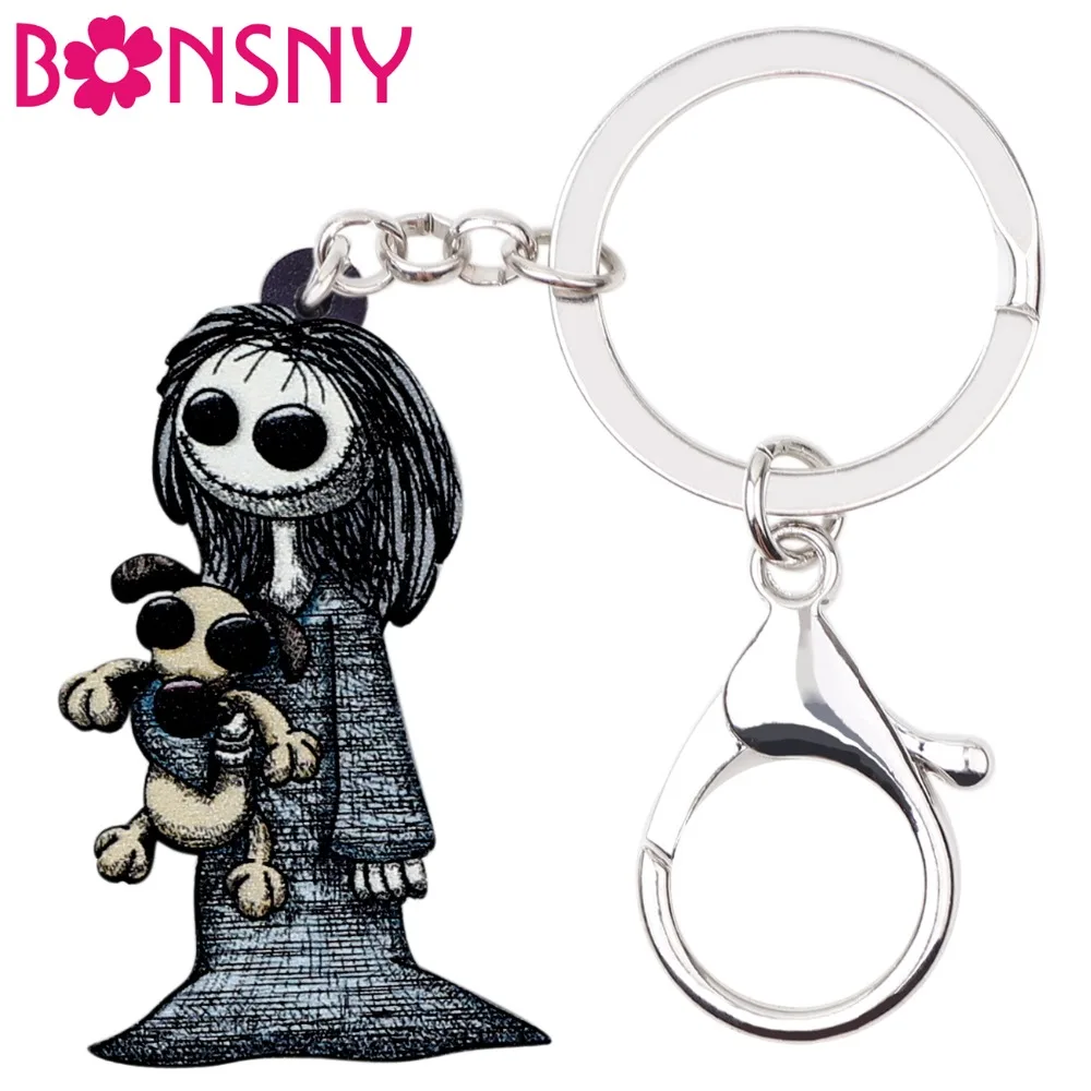 

Bonsny Acrylic Halloween Dark Smile Girl Doll Key Chains Keychains Rings Pendant Game Punk Jewelry For Women Bag Car Charms Gift