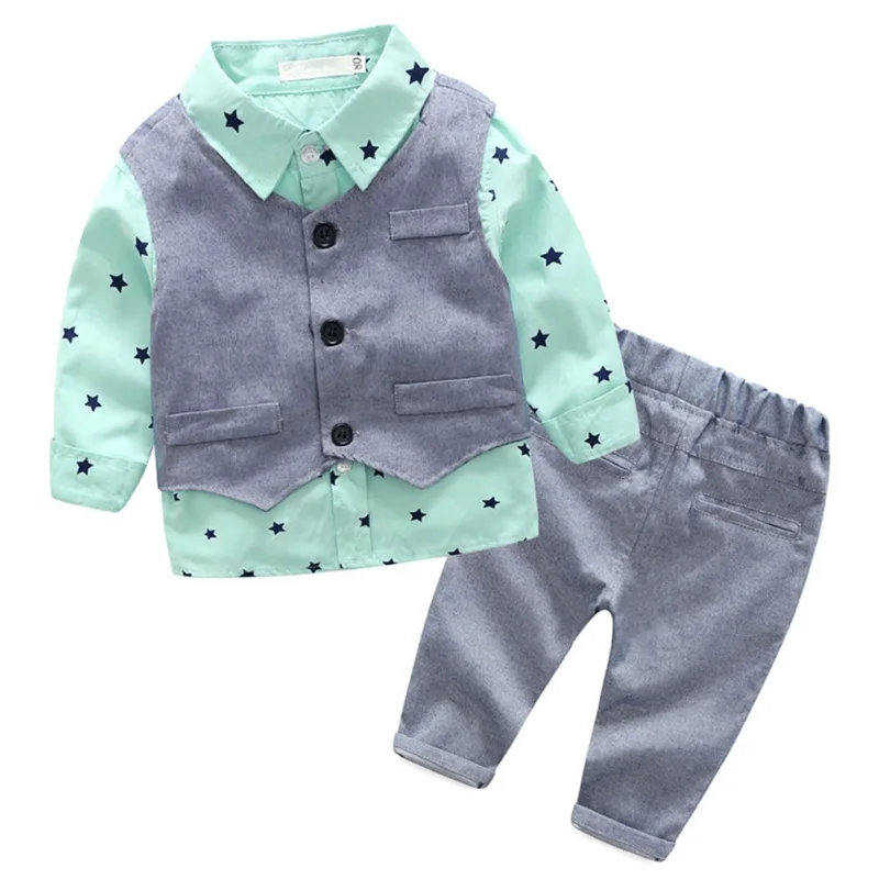 3 шт./компл. осенний комплект одежды для маленьких мальчиков, принт со звездой рубашка+ серый жилет+ штаны, комплект джентльмена, комплект детской одежды