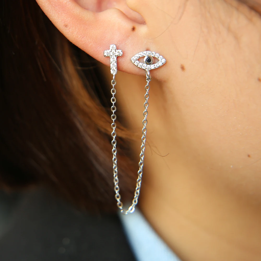 2017 Sale Real Brincos Double Ear Hole Unique Cute Cz Evil Eye Studs Link Chain Tassel Fashion 925 Silver Girl Women Earring (6)