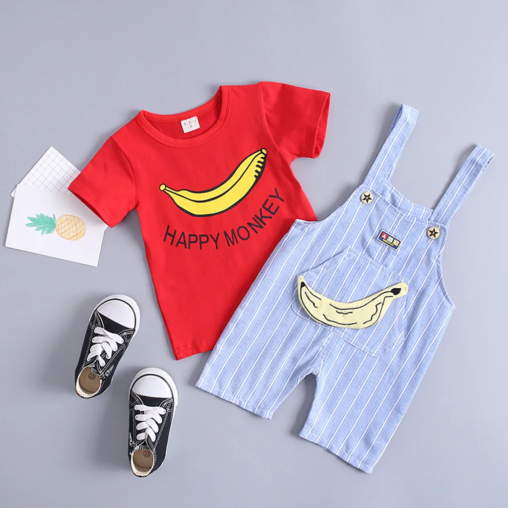 Kids Baby Girl Boy Cartton Print Tops T Shirt Overall Striped Pants Outfits Set
