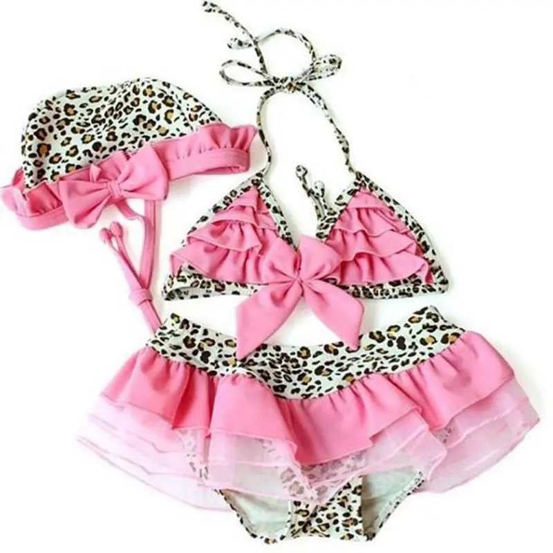 

Hot Sale Lace Leopard Bow Baby Swimwear Girl Dress+Hat+Bathing Suit Girl Infantil Bikini Swimwear For Baby Girls Clothing LP0081