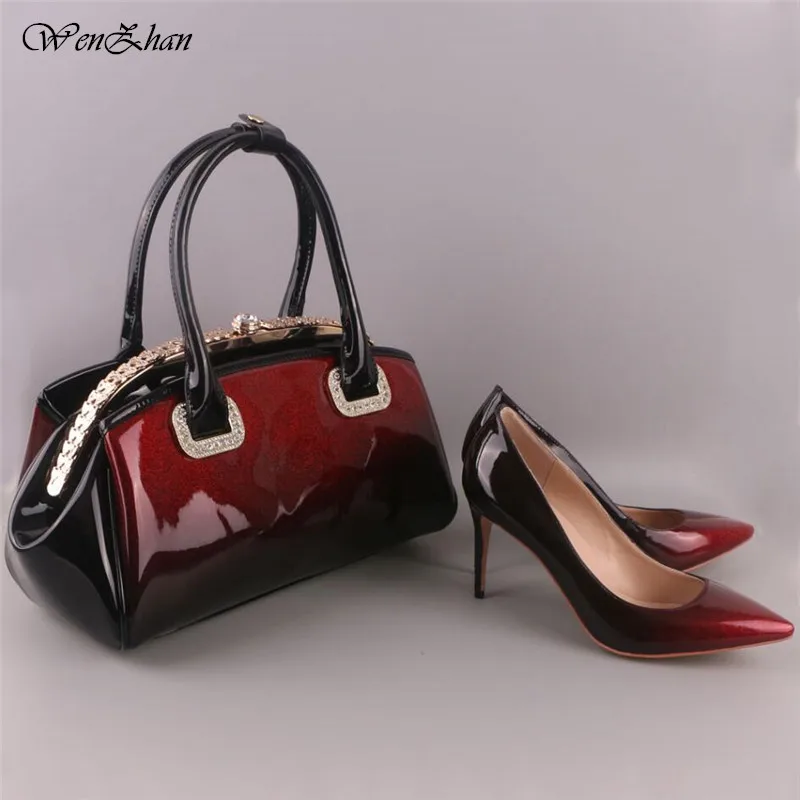 

WENZHAN Black Mixed Red PU leather Style Thin High heel fashion soft shoes pointed toe Match Pretty Women HandBags NewestA712-29