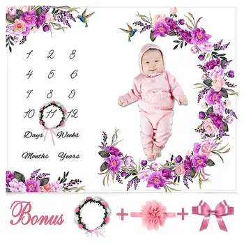

Baby Milestone Blanket Girl Boy Newborn Photography Flannel Flower Baby Monthly Blanket with Floral Wreath Headband for Infant