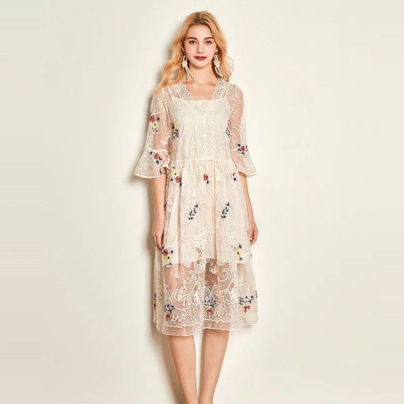 

silk dress sunflower 2019 women summer bohemian beach plus size maxi dresses long robe sexy Embroidered white lace loose