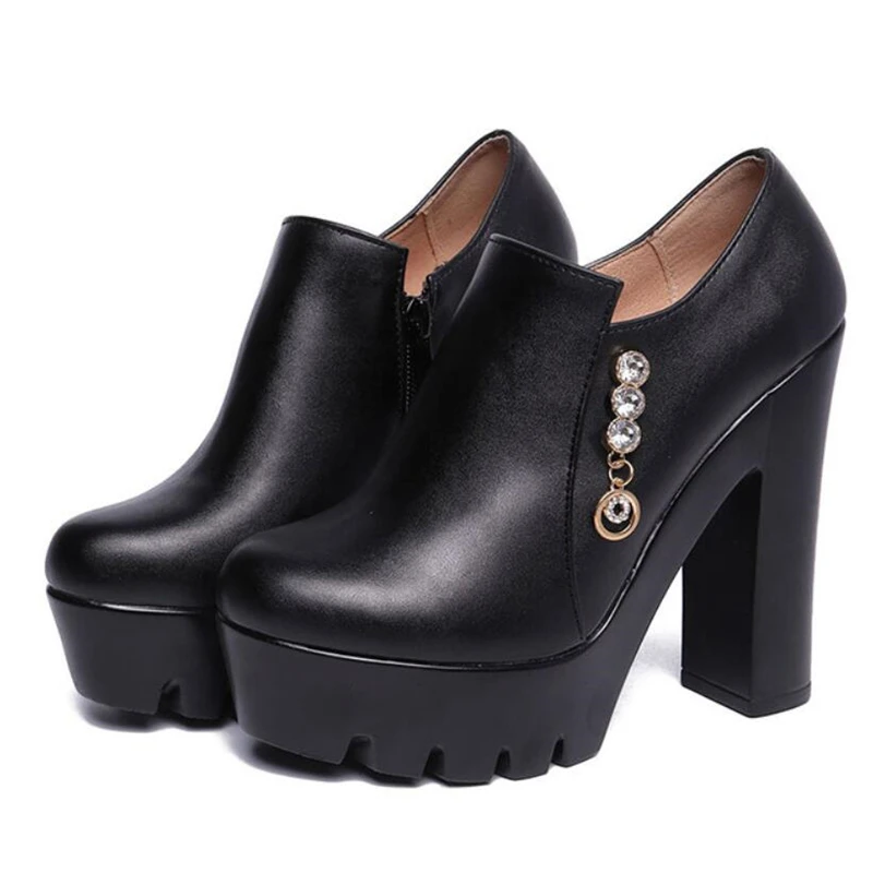 

Large Size 32-43 Deep Mouth Black Block Heels Women's Pumps With High Heels Elegant Crystal Platform Shoes Ladies Split Leather