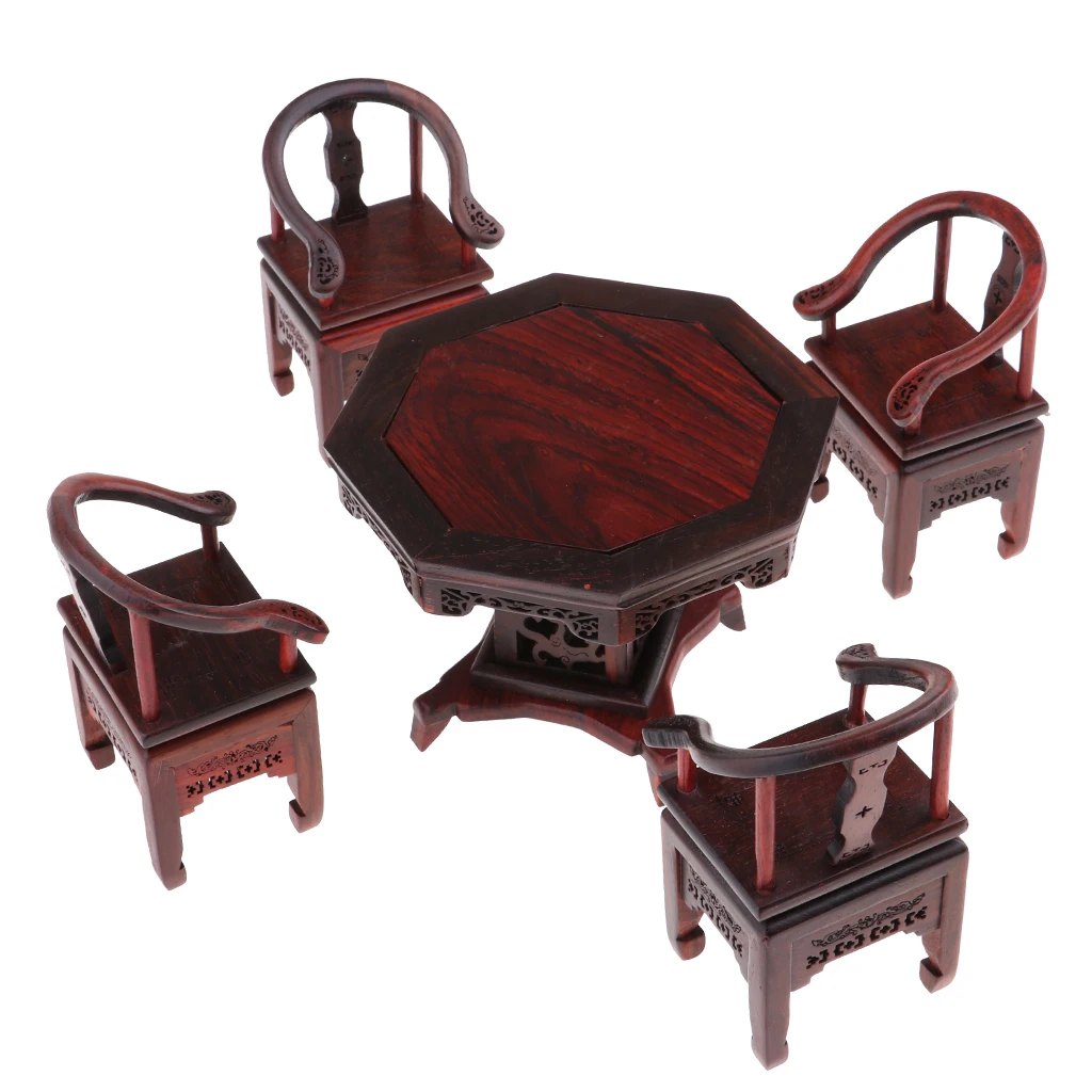 

5Pcs Dollhouse 1/6 Scale Miniatures Furniture Rosewood End Table Tea Table w/ Armchair Set