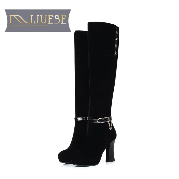 

MLJUESE 2018 women knee high boots Flock Embroider buckle strap winter warm platform boots Hoof heel short plush high boots