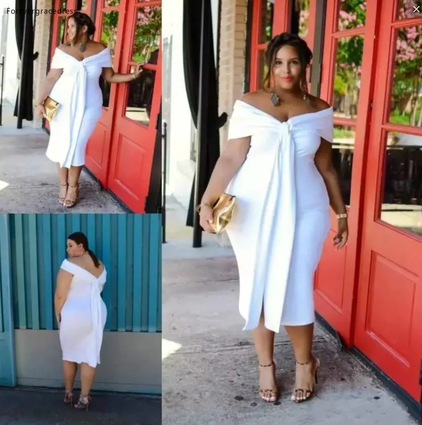 Simple Cheap 2018 Plus Size White Sheath Cocktail Dresses Off Shoulder V Neck African Tea Length Short Prom Dresses Party Gowns 115