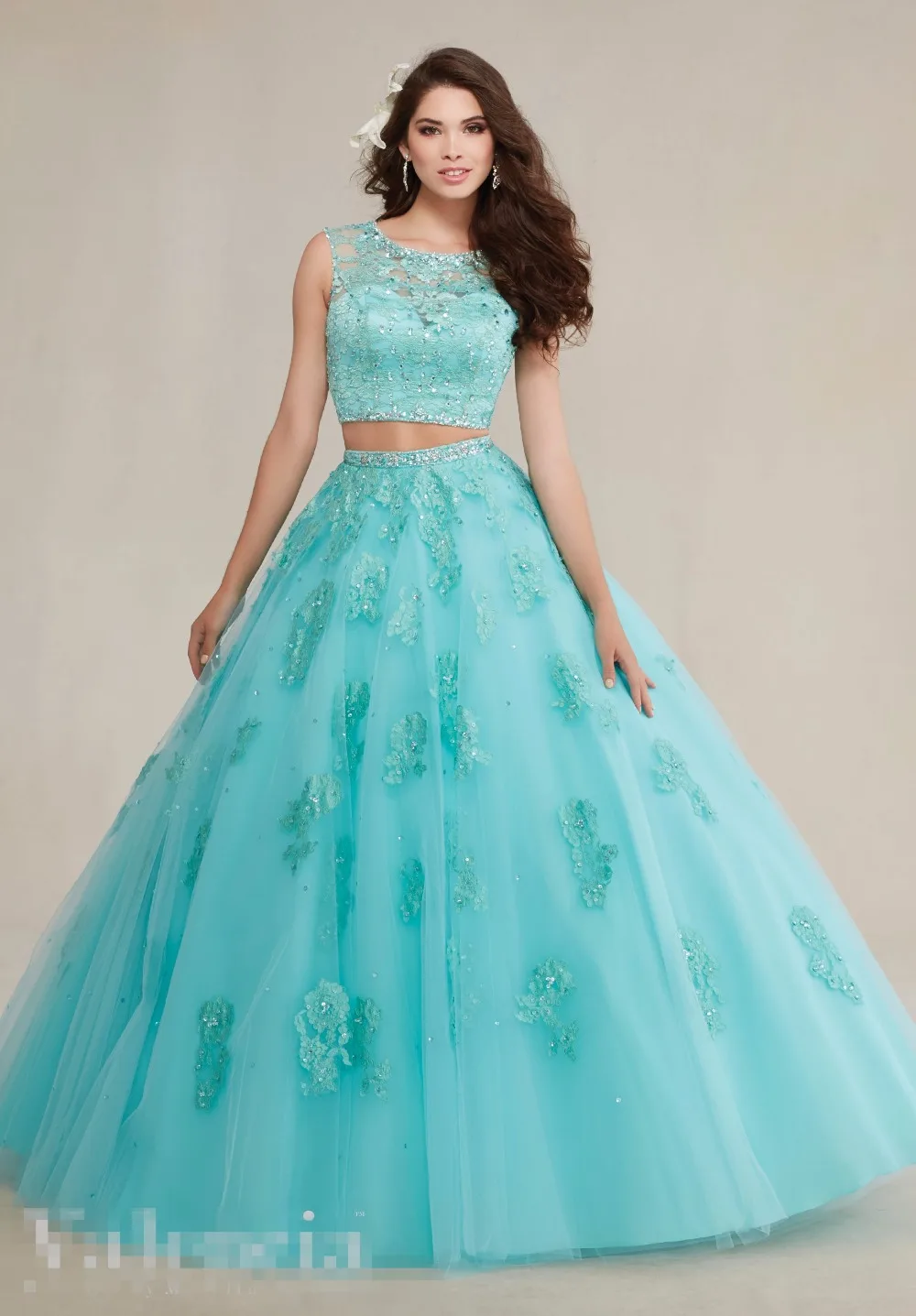 

Mint Ball Gown Prom Two Pieces Quinceanera Dresses Cheap 2 Pieces Lace Tulle Beaded Sleeveless Sweet 16 15 Party Dress 2019