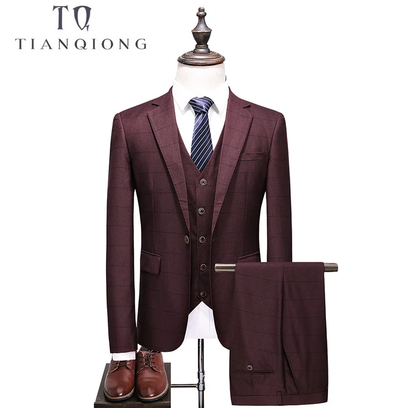 

TIAN QIONG Vintage Plaid Suit for Men Light Red Male Slim Fit Wedding Formal Mens Suits Tuxedo 3 Piece (Jacket+Vest+ Pants)