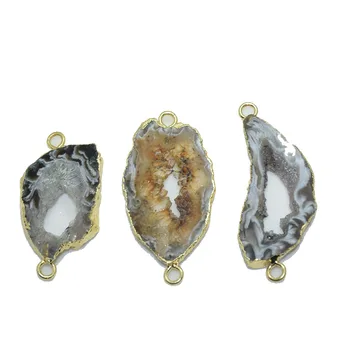 

Geode druzy stone pendant connector for women with hole black natural gold bezel raw slice gem stones for jewelry making large