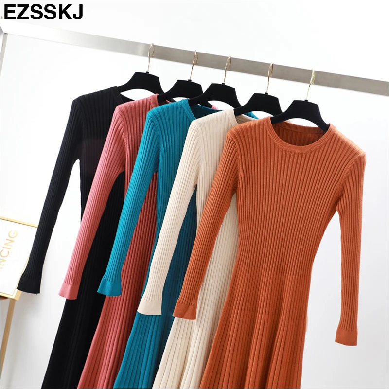 elegant Long sleeve OL O-neck long Sweater dress women Thick knit Autumn Winter dress female Slim A-line basic dress casual pink dress