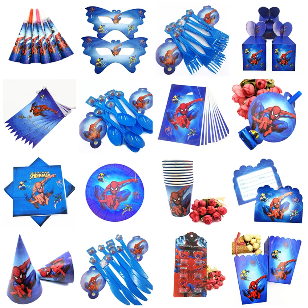 

Spider man Party supplies Favors Set Napkins Plates Tablecloth Cups Knives Forks Spoons Spiderman Birthday Party Decoration Kids