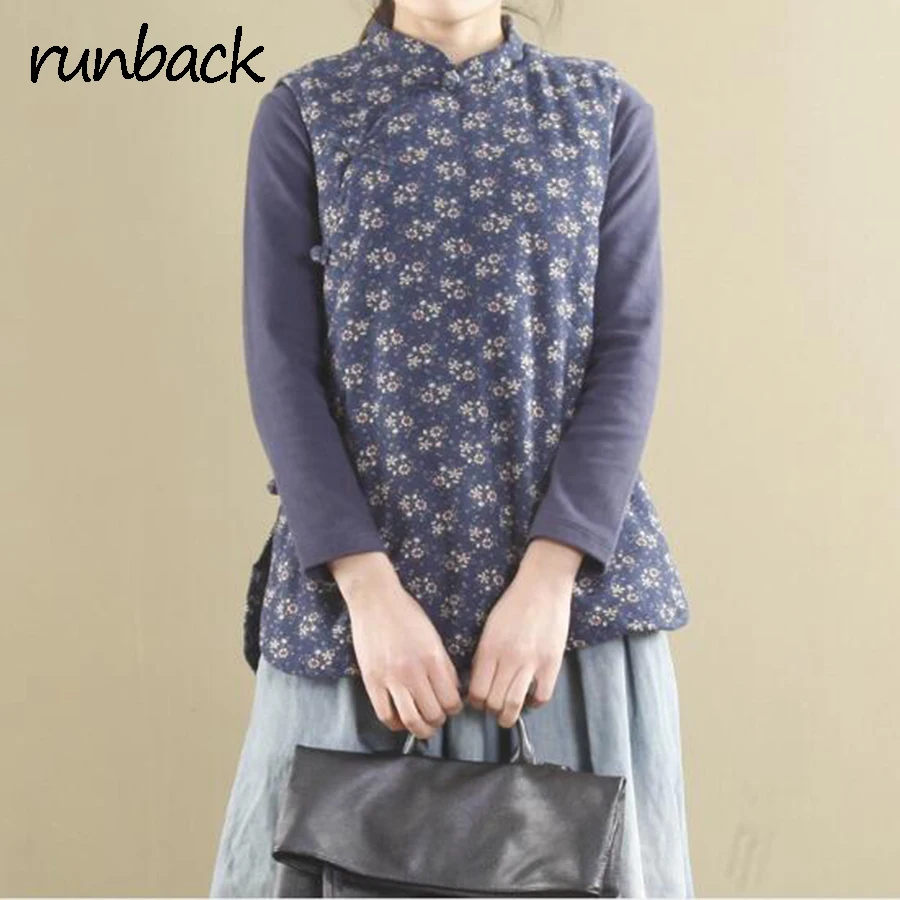 Runback Print Veste Femme Cotton Padded Button Sleeveless Stand Collar Vest Women Warm Jackets Winter 2020 Waistcoats | Женская одежда
