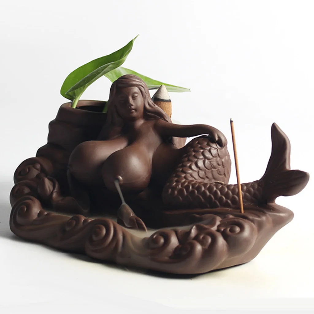 Ceramic Brown Mermaid Incense Burner Statue Burner Figurine Statue Home Decor Tea House Bedroom Table Decoration Great as Gift 