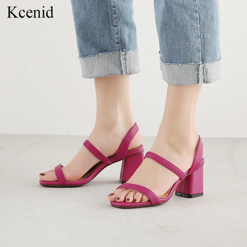

Kcenid New genuine leather women sandals summer open toe concise women square high heel sandals ladies shoes rose black white