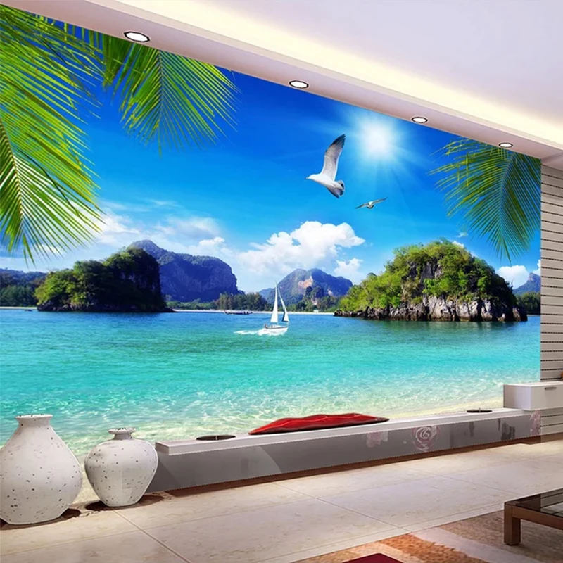 Custom 3D Wall Cloth Modern Seaside Landscape Photo Murals Wallpaper Living Room Theme Hotel Backdrop Covering 3D huismerk kopen in de aanbieding