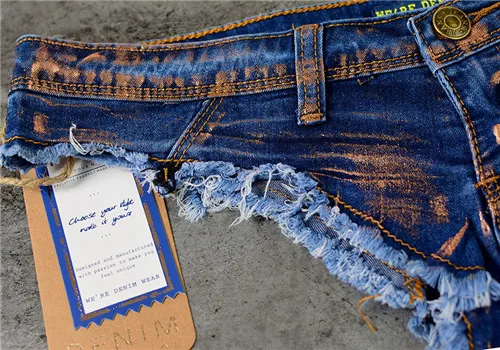 Золотые Бронзовые джинсовые микро шорты Горячая женщина ночной клуб одежда супер Сексуальная Низкая талия мини джинсовые шорты дешевая