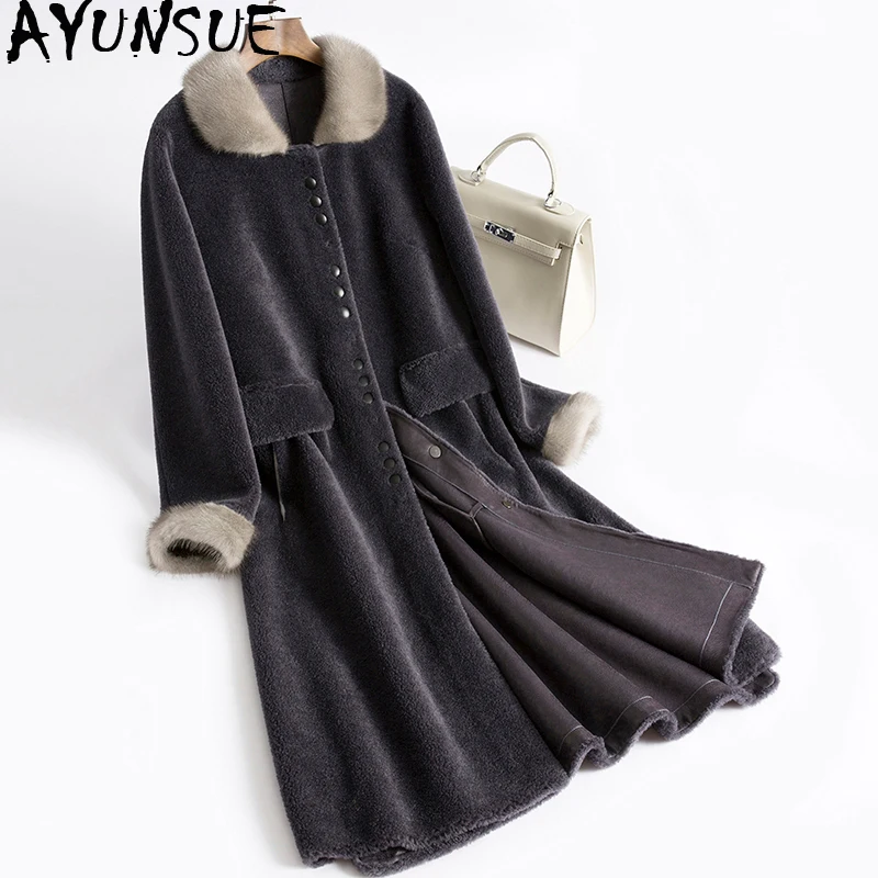 

AYUNSUE Real Fur Coat Female Mink Fur Collar Sheep Shearling Fur Winter Jacket Women Korean Real Wool Coats Suede Lining MY3744