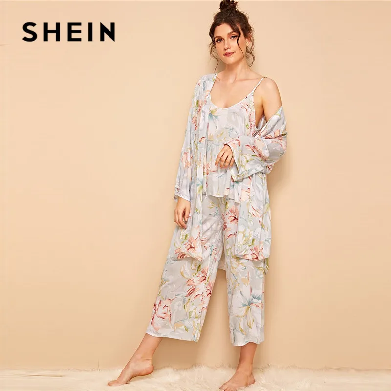 SHEIN цветочный принт Cami пижамный комплект с халатиком для женщин Летняя повседневная одежда для сна Спагетти ремень с длинным рукавом поясом женский халат