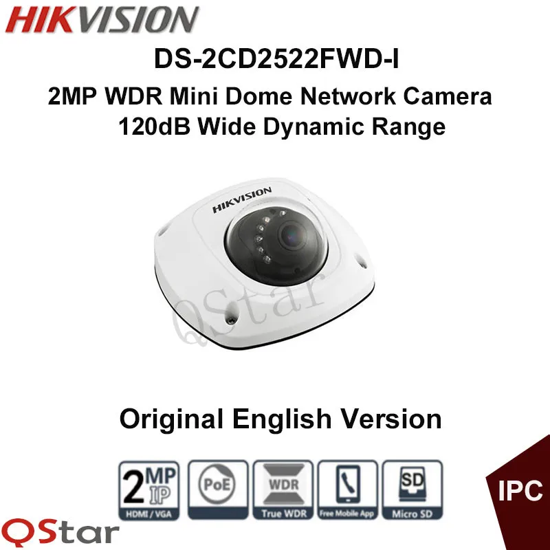 Hikvision Original English Version DS-2CD2522FWD-I 2MP WDR Mini Dome IP Camera 10m IR Vandal-proof POE IP66 CCTV Camera