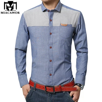 

MIACAWOR Dropshipping Men Shirt Autumn Slim Fit Full Sleeve Casual Shirt Patchwork Camisa Masculina Men Clothes 4XL 5XL C376