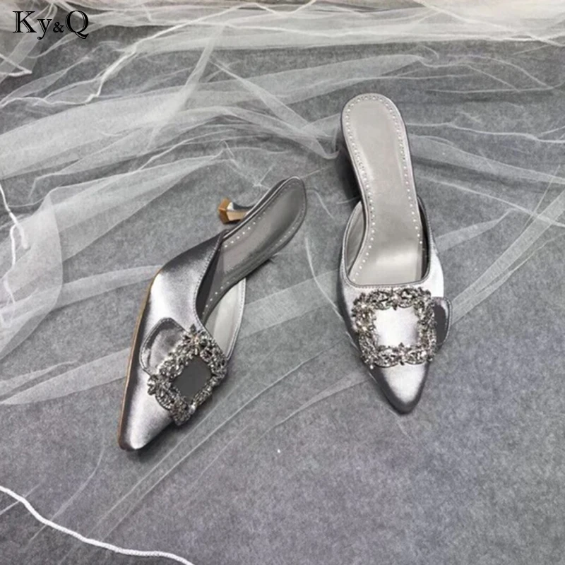 

2019 Summer New Women's Fashion Baotou Square Buckle Stiletto Comfortable Rhinestone Pointed Casual With Wild Slippers 3-5cm