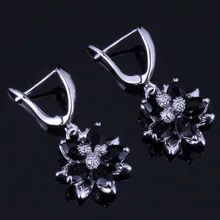 Причудливый цветок черный Кубический Цирконий 925 Серебро Висячие серьги для женщин V0756