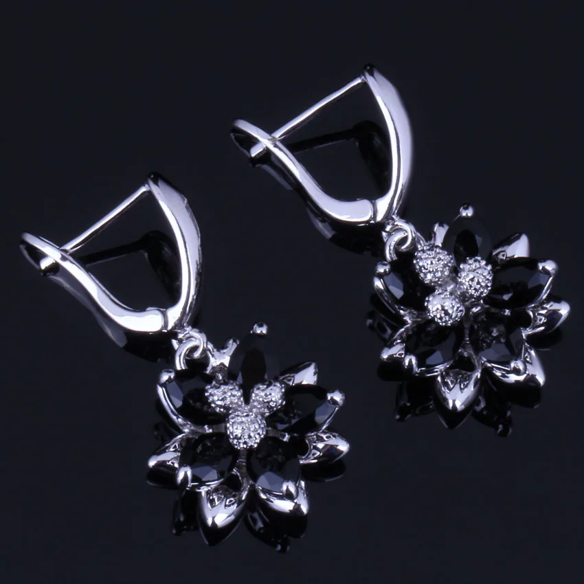 Fancy Flower Black Cubic Zirconia Silver Plated Drop Dangle Earrings V0756 | Украшения и аксессуары