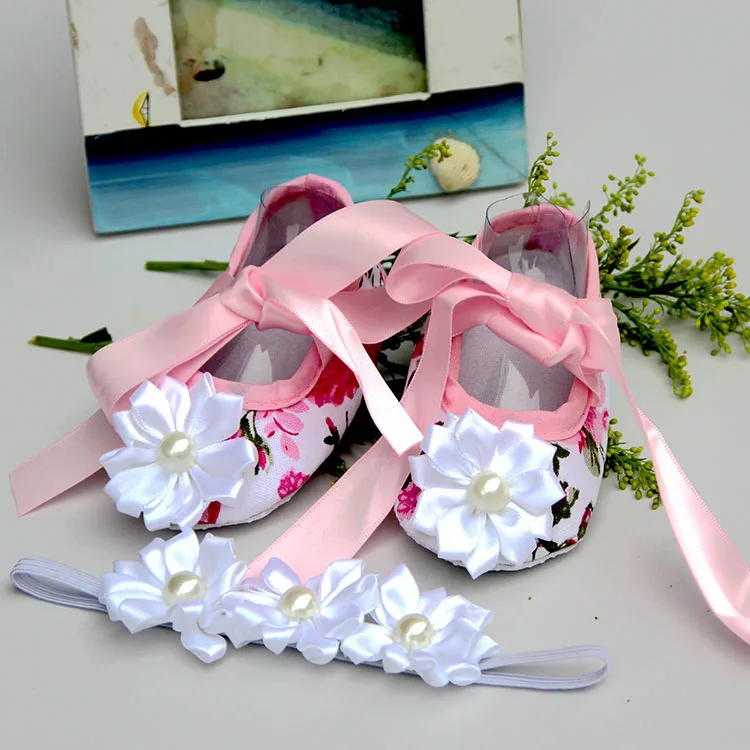 Newborn Baby Girl Shoes ,Toddler Infant Fabric Baby Booties Headband