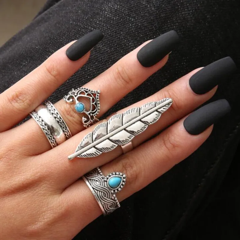 Docona Bohemian Antique Silver Color Ring Boho Finger Jewelry Crown Geometric Women Sets Rings Vintage 3475 | Украшения и